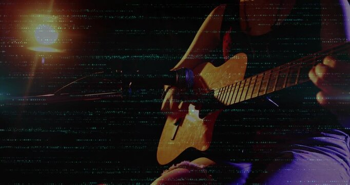 Cam zooming revealing guitarist fretting and strumming, playing music under spotlight and scanline