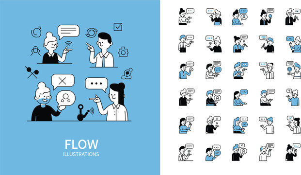 Communication flow illustrations people chatting messaging icons teamwork collaboration customer support social interaction flat line vector modern design set