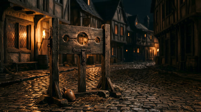Medieval wooden pillory standing on a cobblestone street in a dark historical village at night with warm lantern light glow.