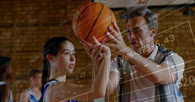 Coach reaching and guiding player grip, aligning arm and correcting shot as HUD showing sports form