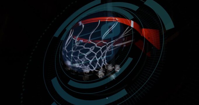 Basketball rim net reacting to sports HUD appearing, ball dropping through hoop while lock pulsing