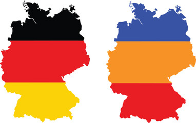 Obraz premium Simplified map illustration of Germany and its national flag colors red black and yellow isolated on transparent background