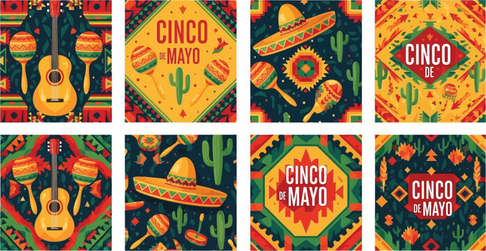A vibrant collection of eight graphic designs celebrating Cinco de Mayo, featuring traditional Mexican instruments, sombreros, and festive patterns.