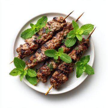 Kuzu sis Turkey food plate with grilled lamb skewers and mint isolated on a white background