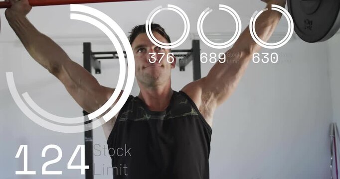 Mid-adult man doing fitness press, driving red-bar upward while HUD tracking reps, ending set