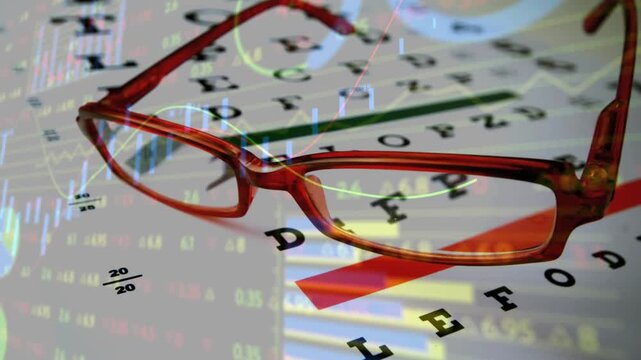 Vertical video: Camera gliding, centering red-framed glasses over eye chart to show market tickers
