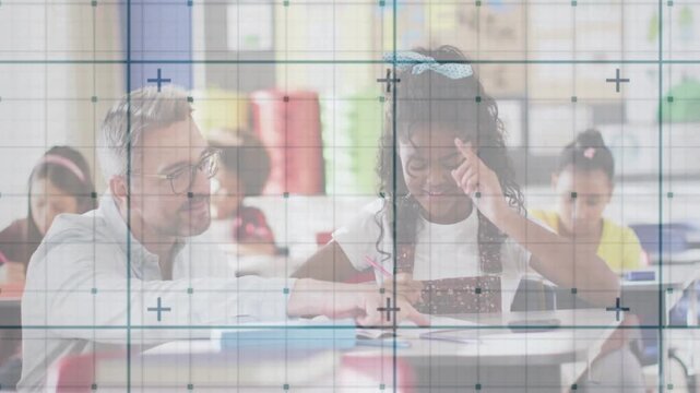 Tutor pointing guiding pupil finger on book, writing turning grid tracing pen teaching reading