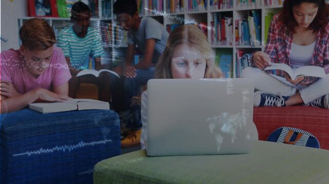 Girl typing on laptop in school library, causing waveform and code overlays aiding education