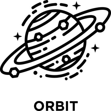Stylized outline icon of a celestial planet with a prominent ring system, illustrating an orbital path surrounded by stars, representing space, astronomy, and cosmic exploration