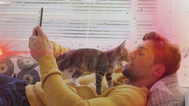 Vertical video: Lying man on couch in yellow knit with phone as kitten coming right checking face