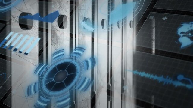 HUD glyphs appearing, rotor growing and spinning, bars sliding, grid showing globe, forming tech UI