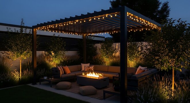 A cozy outdoor patio with a fire pit and string lights at dusk