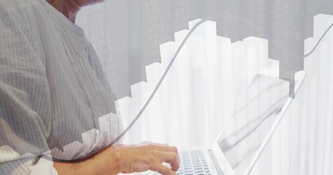 Analyst typing on laptop, initiating live data overlay showing rising bars and line