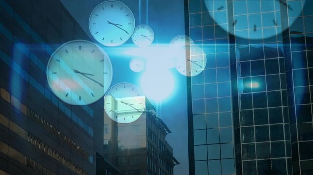 Clocks fading, drifting across canyon, blue flare pulsing, reflecting on glass for business time