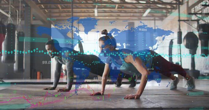 Workout partners following woman leading timing, doing fitness push-ups with shifting data overlay