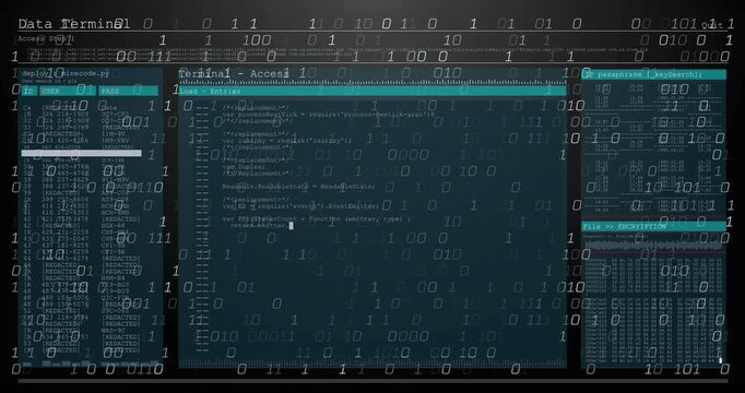 Vertical video: Fading dark UI causing center pane loading code with cursor binary overlay for logs