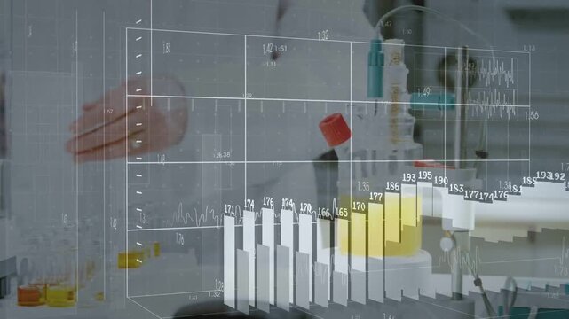 Weighing scientist in lab coat handling sample on lab bench with analytical balance and 3D charts