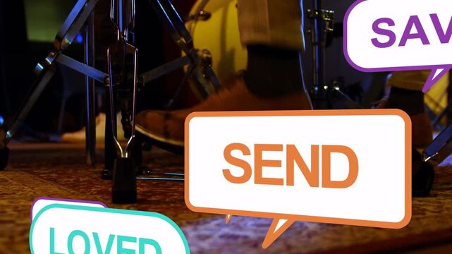 Drummer's feet pressing bass pedal in music studio starting CTA bubbles stacking over kit