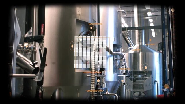 Brewery tanks mid-left, camera panning while scan activating HUD overlay, tagging valves for audit