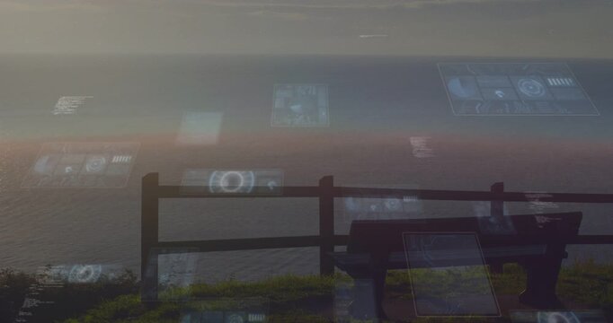 Appearing faint UI panels drifting upward over calm sea at cliff overlook, covering bench and fence