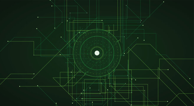 High tech abstract digital background featuring glowing green network lines and central geometric target node for futuristic computing software visualization presentation vector design