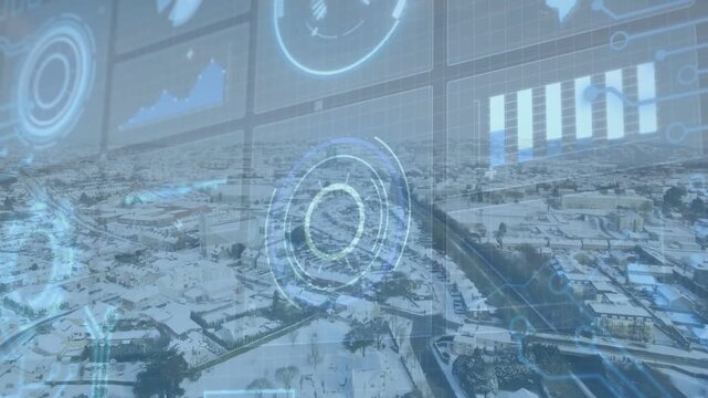 Aerial view showing snowy homes tech HUD pulsing initiating charts and reticle over highway
