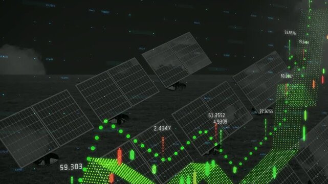 Vertical video: Solar panel array receiving feed, mapping output via rising green ribbon, gold line