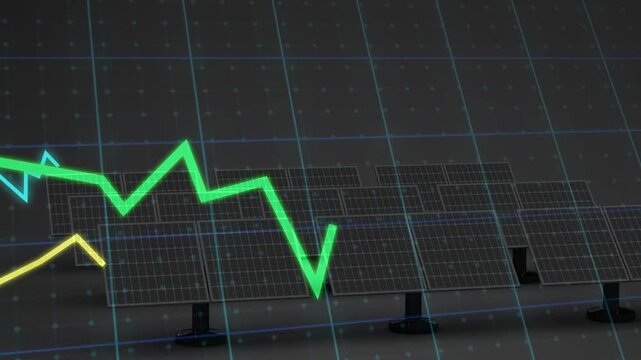Row of solar panels under translucent grid after data input, animated graphs tracking energy trends