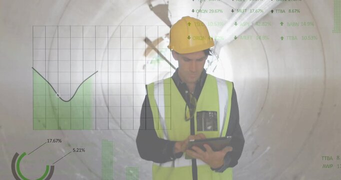 Construction inspector tapping tablet in culvert, activating HUD analytics while inspecting walls