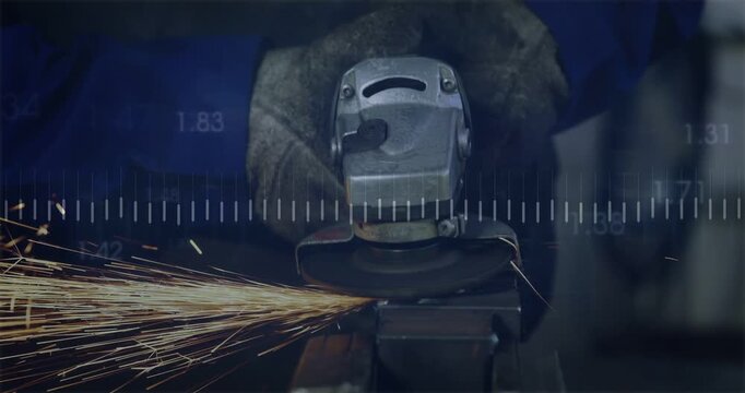 Male tech metalshop lowering angle grinder on vise, deburring, emitting sparks, overlaying graphs