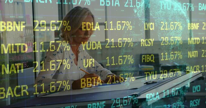 Analyst starting by writing at desk, continuing reviewing while ticker overlay shifting market data