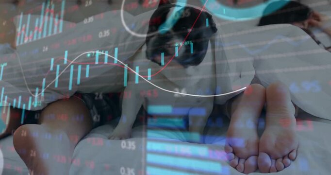 Small dog pushing cover climbing between couple joining showing watch with moving finance charts