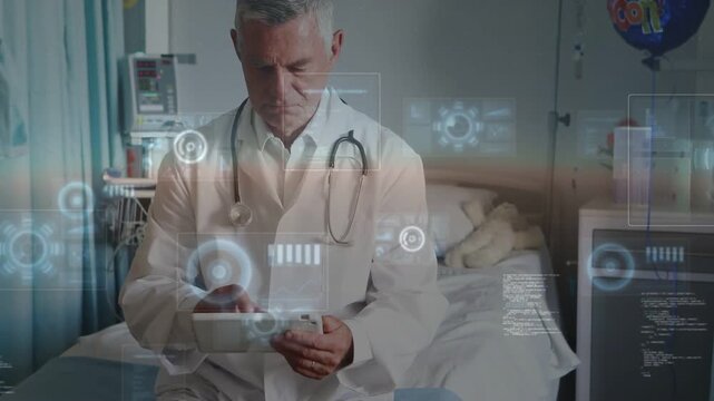 Senior doctor tapping tablet on patient bed, summoning animated medical UI for reviewing data