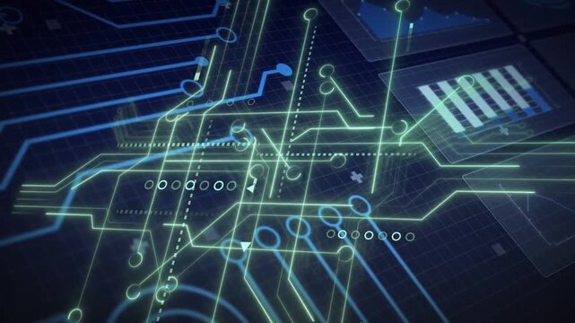 Left-side blue pulses traveling across schematic, lighting nodes and mapping tech signal routing