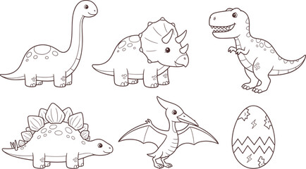 Cute dinosaur cartoon outline vector set with triceratops brachiosaurus tyrannosaurus stegosaurus pterodactyl and egg illustration for kids coloring pages © Mokarrom