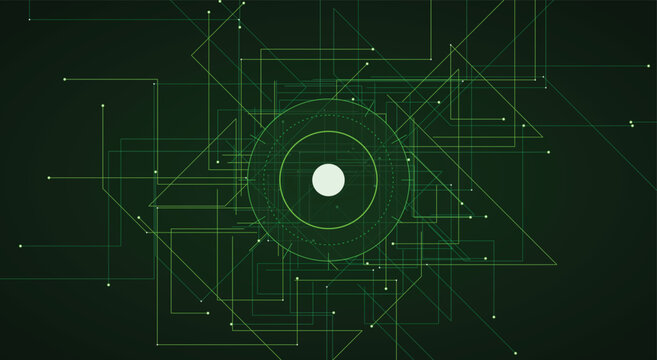 Modern aesthetic cyber security background featuring glowing green circuit board lines and target node for dynamic software interface layout and futuristic coding vector design
