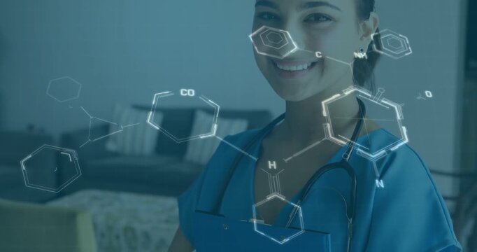 Nurse holding blue clipboard, camera lifting, molecules forming over smiling face for clinic