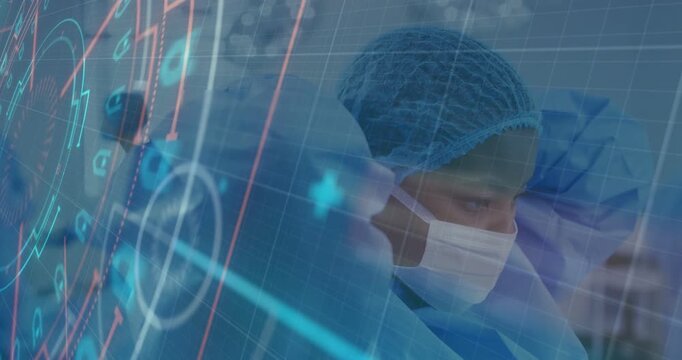 Surgeon leaning over drape with assistant AR overlay sweeping HUD revealing profile guiding surgery