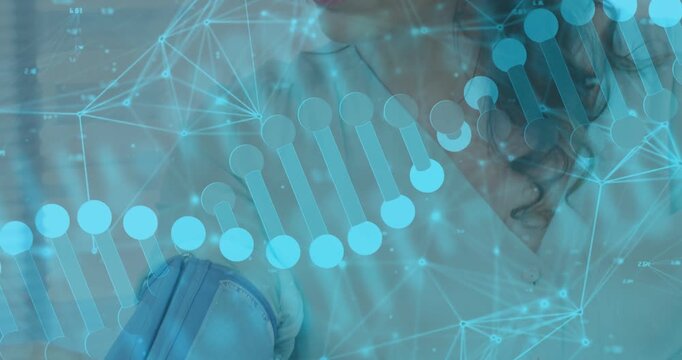 Clinician placing BP cuff on woman and tuning scope, starting BP reading with helix overlaying