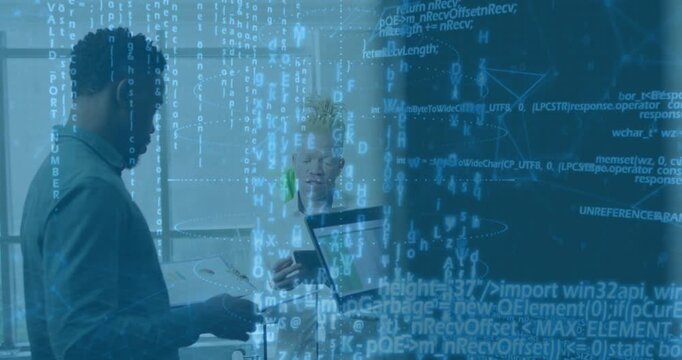 Team of 3 gathering around laptop after center presenting, reviewing data under rising blue overlay