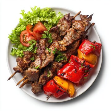 Kuzu sis Turkey food plate with grilled lamb skewers isolated on a white background