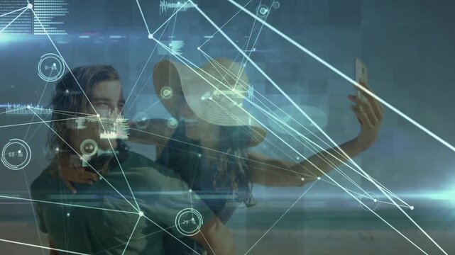 Man carrying woman on beach, woman pulling smartphone and posing selfie as data nodes cross faces
