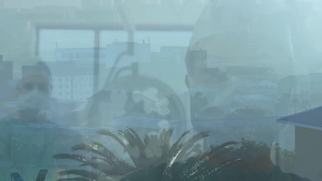 Surgeon leaning as camera zooming, gloved hands using tool, city view across mask, prepping surgery