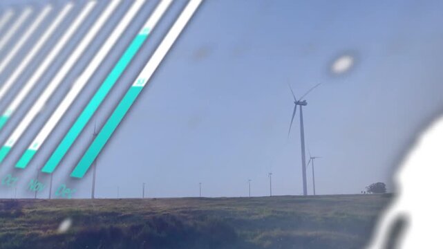 Overlaying wind turbines with animated analytics over ridge sky, showing teal bar-chart, pie, globe