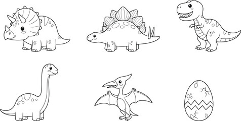 Cute dinosaur outline vector set featuring triceratops stegosaurus tyrannosaurus brachiosaurus pterodactyl and egg cartoon illustration for kids coloring pages fun © Mokarrom