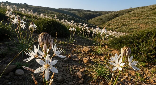 A wide landscape view of white wild asphodel flowers blooming on a dry hillside