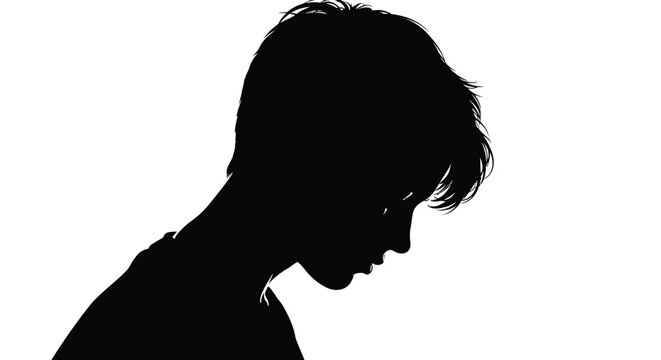 Pensive youth silhouette vector illustration depicting a thoughtful young person in profile, looking down.