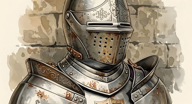 Artistic Watercolor Painting of a Sacred Medieval Knight of Christ in Detailed Metallic Armor Close-up, Illustrating Holy Crusader Warrior Spirit and Ancient Religious Chivalry Heritage