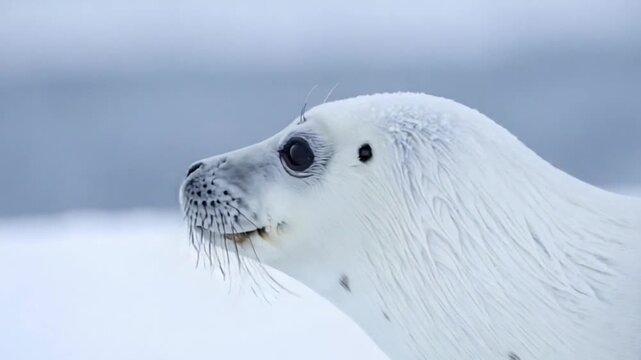 Close up profile of a cute white seal pup in a snowy arctic environment