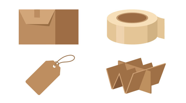 A collection of essential packaging and shipping supplies including a cardboard box, packing tape, a paper tag, and a box divider.